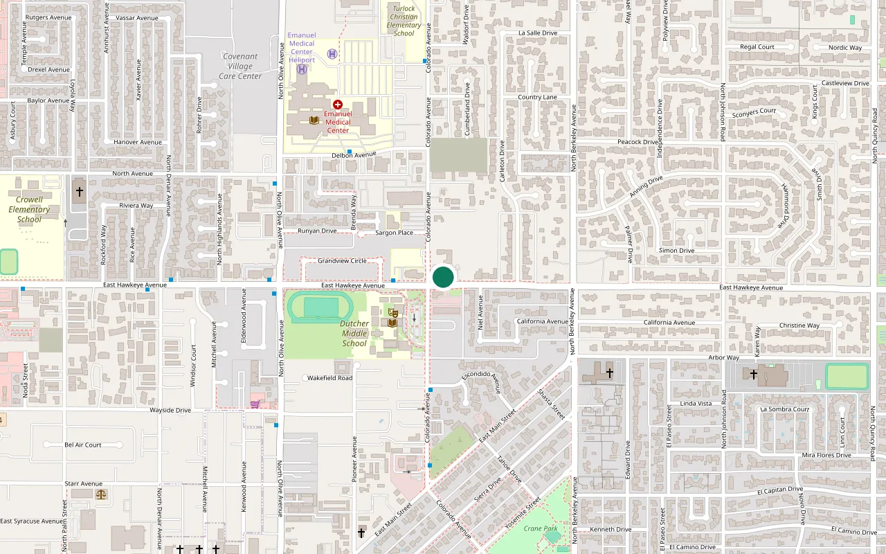 Map showing Dr. Kaci Kuykendall's dental office at 1600 Colorado Avenue, Building 3, in Turlock, California, near Emanuel Medical Center.